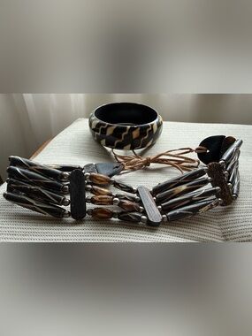 2 pc Tribal Carved Bone Wood Choker necklace &Bone Resin Bangle Bracelet Artisan